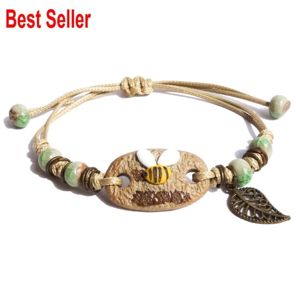 Handcrafted Ceramic Beaded Bracelet with Leaf Charm Adjustable Bohemian Jewelry